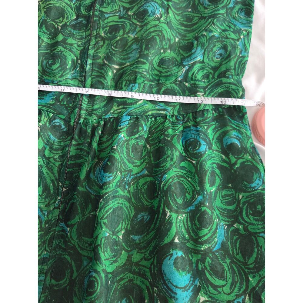 Vintage 60s Mod Psychedelic Swirl Dress Small Pockets Raw Silk Shantung Green - Picture 7 of 10